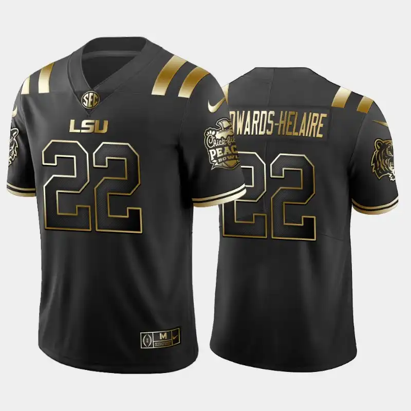 Men's LSU Tigers Clyde Edwards-Helaire #22 2019-20 Black Peach Bowl Champions Golden Edition NCAA Football Jersey